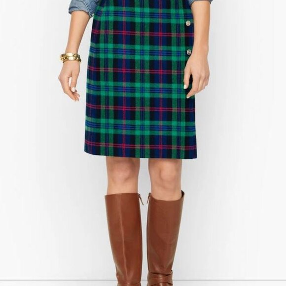 Talbots Wool Blend Green Cheerful Tartan Plaid Faux Wrap Kilt A Line Skirt Sz 6 - Picture 1 of 4